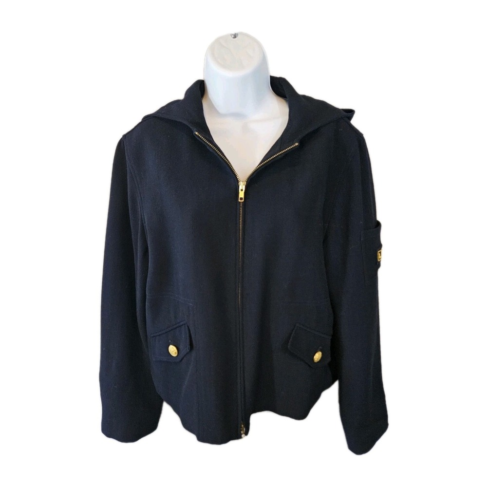 Lauren Ralph Blue Military Wool Brass Button Jacket Pea Coat Hooded Med Zip EUC